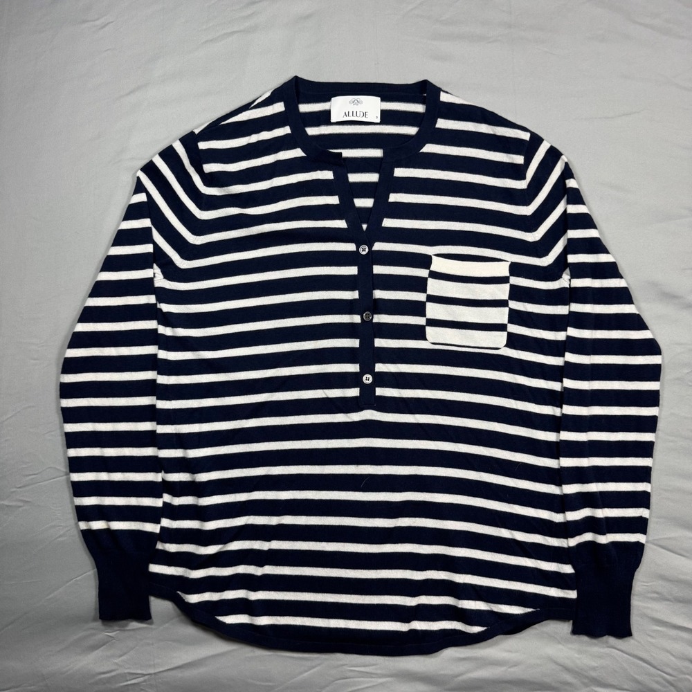 Allude Cashmere Henley Sweater Womens M Navy White Striped Sailor Nautical